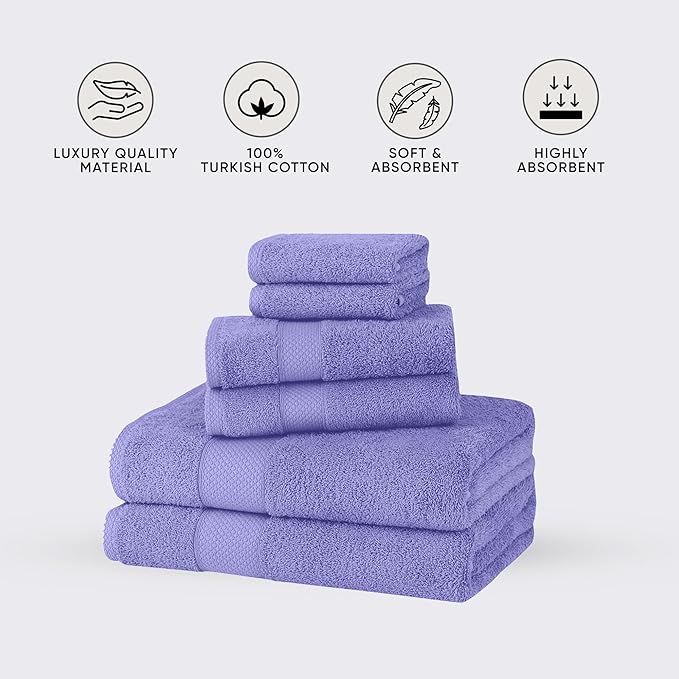 Towels Beyond - Luxury 6 Piece Towel Set, 100% Turkish Cotton, Quick Drying, Highly Absorbent & Comfy, Includes 2 Bath Towels, 2 Hand Towels & 2 Washcloths | (Lilac)