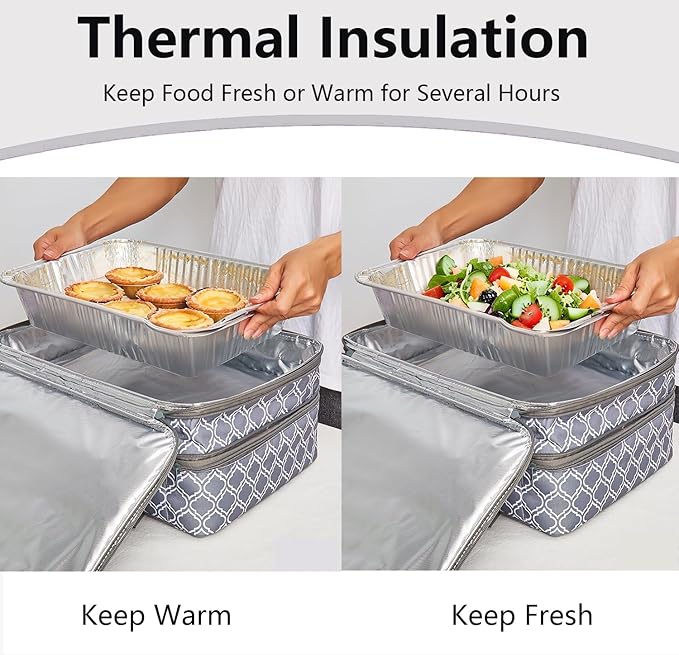 Insulated Casserole Carrier Bag - Portable Thermal Food Tote Carrying Case Bag for 9x13/11x15 Inch Pans - Keep Hot/Cold 4+ Hours - Double Decker for Festival Potlucks, Camping or Outdoor Events