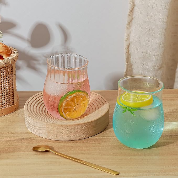 Koythin 2-Piece Ribbed Glass Cups, Vintage Drinking Glassware for Iced Coffee Juice Cocktails Milk Tea Beer, 10 oz/300 ml Cute Bubble Cup with Rounded Shape (Oval Tulip)