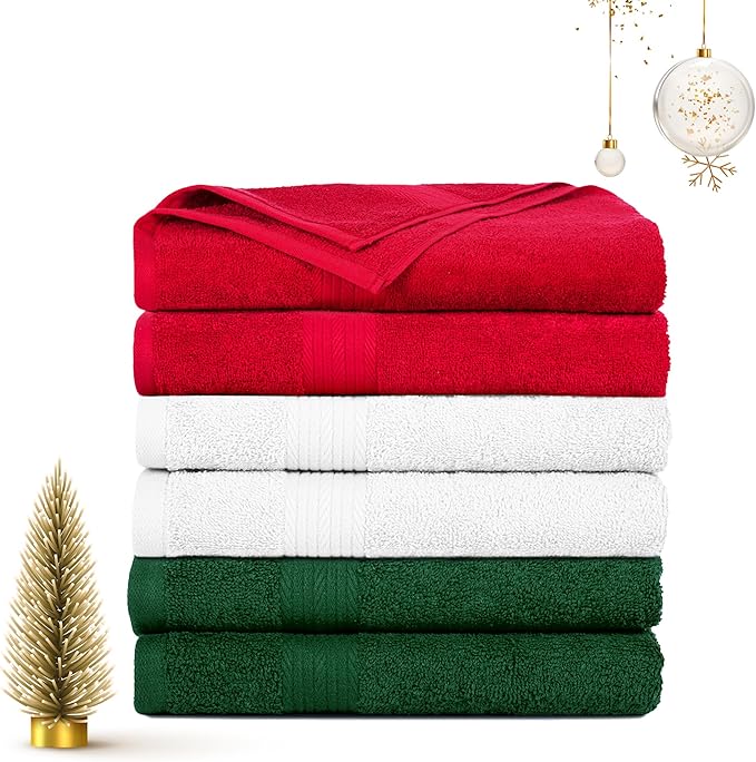 Ample Decor Hand Towel for Bathroom 100% Cotton 18 X 28 Inch 600 GSM Soft - 6 pcs Christmas White, Red & Green