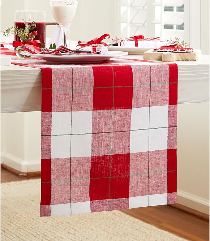 Solino Home Table Runner 72 Inches Long - 100% Pure Linen Red and White Very Merry Tartan Plaid Table Runner 14 x 72 Inch for Dining, Holiday, New Year