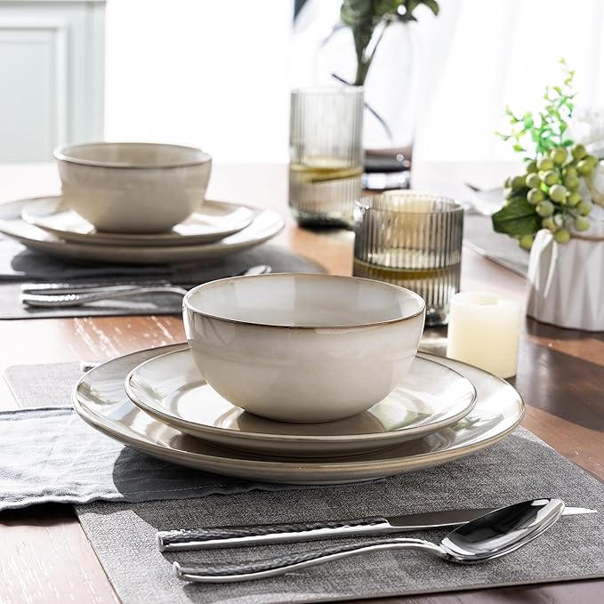 AmorArc Stoneware Dinnerware Sets for 6, 18 Pieces Handpainted Ceramic Plates and Bowls Set, Scratch Resistant Dishes Set, Dishwasher & Microwave Safe, Cappuccino