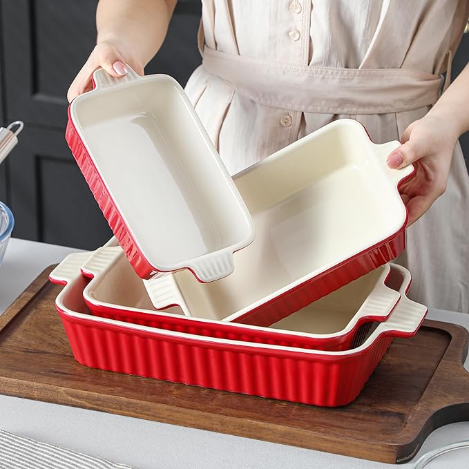 Bakeware Set of 4, MALACASA Porcelain Baking Pans Set for Oven, Casserole Dish, Ceramic Rectangular Baking Dish Lasagna Pans for Cooking Cake Pie Dinner Kitchen, Red (9.5"/11.25"/12.75"/14.5")
