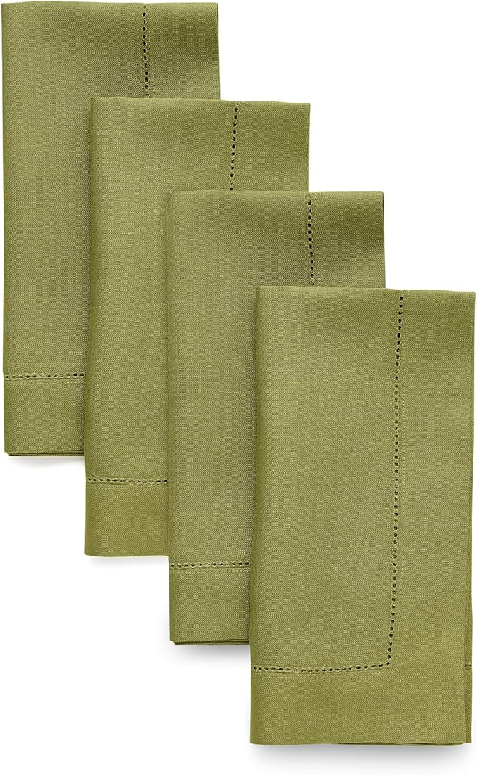 Solino Home Linen Napkins Set of 4 - Classic Hemstitch 100% Pure Linen Avocado Green Dinner Napkins Cloth 20 x 20 Inch for Winter - Handcrafted and Machine Washable