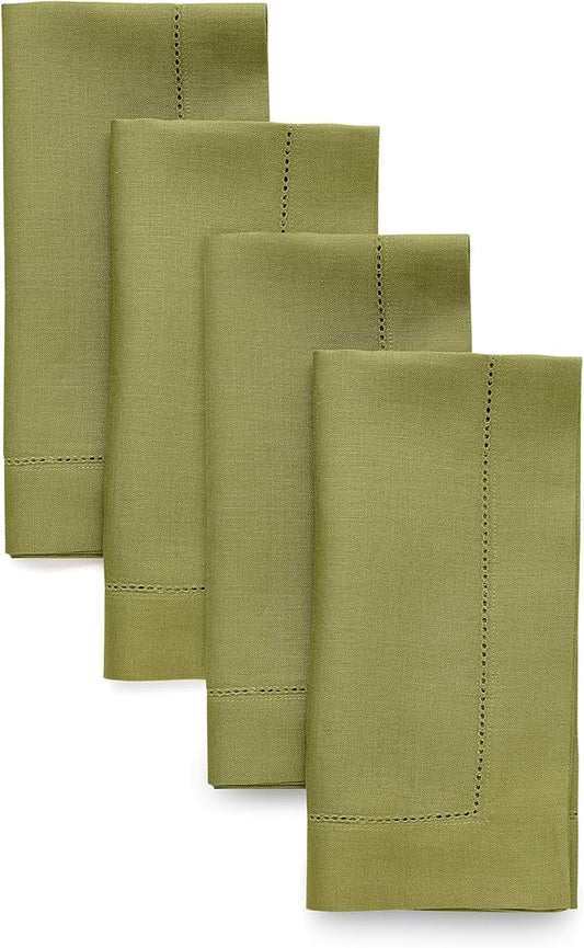 Solino Home Linen Napkins Set of 4 - Classic Hemstitch 100% Pure Linen Avocado Green Dinner Napkins Cloth 20 x 20 Inch for Winter - Handcrafted and Machine Washable