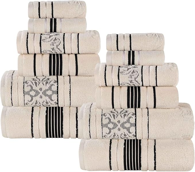 Superior Cotton 12 Piece Assorted Floral Towel Set, Includes 4 Bath, 4 Hand, 4 Washcloth/Face Towels, Quick Dry, Home Essentials, Shower, Spa, Luxury Plush Soft Absorbent Towels, Zero Twist, Ivory
