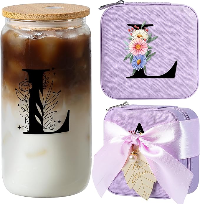 AYGXU Glass Cups with Bamboo Lids and Straws, 16oz, Small Travel Jewelry Case, Initial Glass Cup, Travel Jewelry Organizer, Initial L Purple
