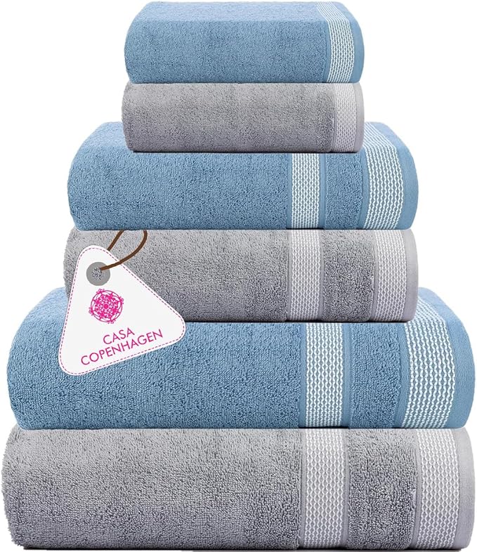 CASA COPENHAGEN Solitaire Mix 6 Pieces Towel Set- Grey Violet + Dusty Blue, 600 GSM 2Bath Towel 2Hand Towel 2Washcloth, Designed in Denmark Made of Soft Egyptian Cotton for Bathroom, Kitchen & Shower