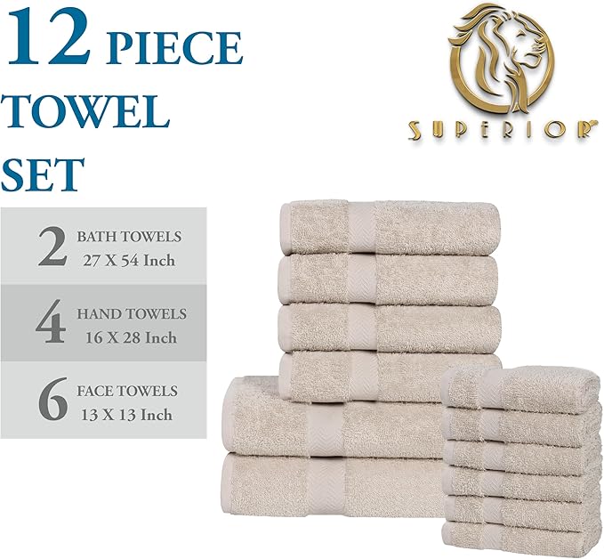 Superior 12-Piece Cotton Assorted Towel Set, Includes 6 Face/Washcloths, 4 Hand, and 2 Bath Towels, Lightweight Essentials, for Home, Gym, Beach, Bathroom, Quick Drying, Franklin Collection, Stone