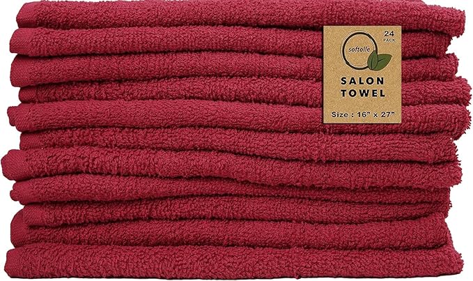 Softolle Salon Towels – Pack of 24 (16"x27") 100% Cotton Ring Spun (Not Bleach Proof) Ultra Soft, Highly Absorbent Hand Towels – Bulk for Spa, Gym & Salon (Burgundy)