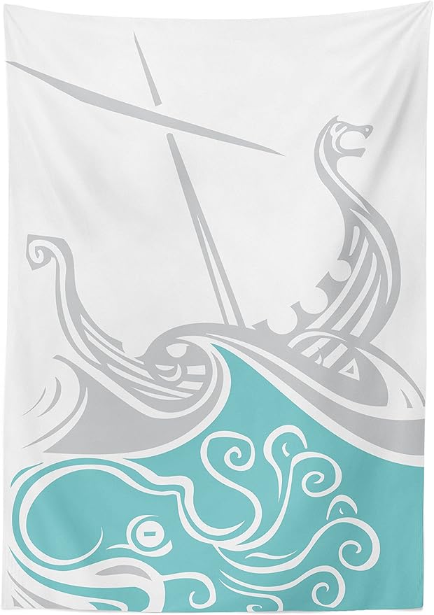 Ambesonne Kraken Tablecloth, Viking Longship Sailing into The Waves with Scandinavian Shields Retro Display, Rectangular Table Cover for Dining Room Kitchen Decor, 60" X 84", Blue Grey