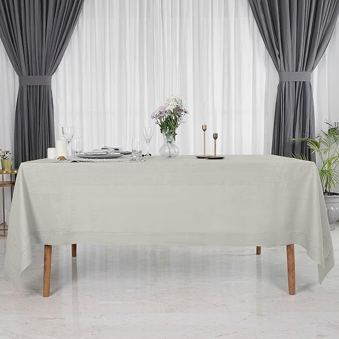 D'Moksha Homes Silver Grey Linen Tablecloth for Rectangle Tables 60 x 90 Inch - 100% Pure Linen Grey Table Cloth - Classic Hemstitch, Machine Washable Tablecloth for Holiday, New Year
