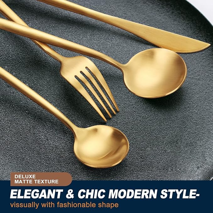 EUIRIO 48-Piece Matte Gold Silverware Set with Steak Knives, Gold Flatware Set for 8, Stainless Steel Forks and Spoons Silverware Sets, Gold Cutlery Utensils Set, Satin Finish & Dishwasher Safe