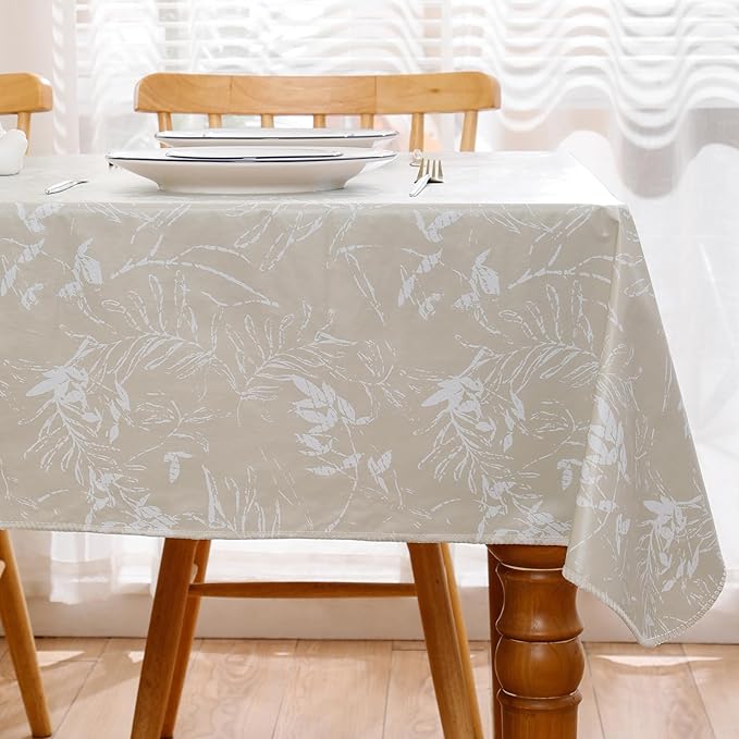 Heavy Duty Vinyl Tablecloth with Flannel Backing Waterproof Oil-Proof Plastic Table Cloth Stain-Resistant Wipeable Rectangle or Square Table Cover for Indoor and Outdoor (Beige Leaf，60x102 Inch)