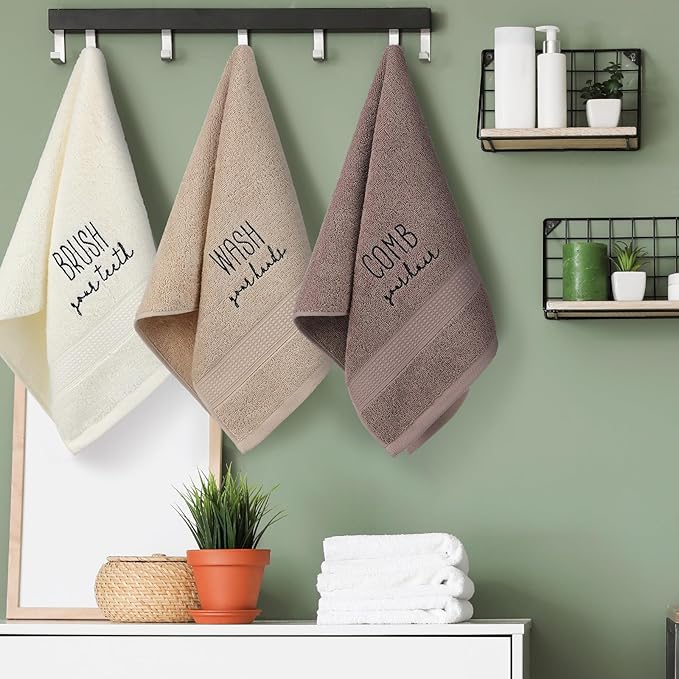 3 Pcs Farmhouse Decorative Hand Towels for Bathroom and Kitchen Rustic Embroidered 100% Cotton Hand Towels Decorative Set for Boho Bathroom Decor (Brown, Brush Comb Wash)
