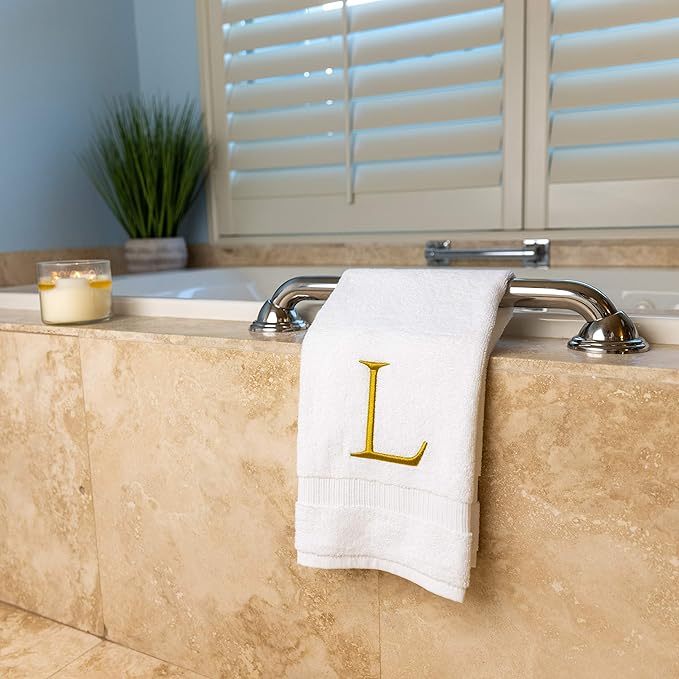 Monogrammed Hand Towels for Bathroom - Luxury Hotel Quality Personalized Initial Decorative Embroidered Bath Towel for Powder Room, Spa - GOTS Organic Certified - Set of 2 Gold Letter L