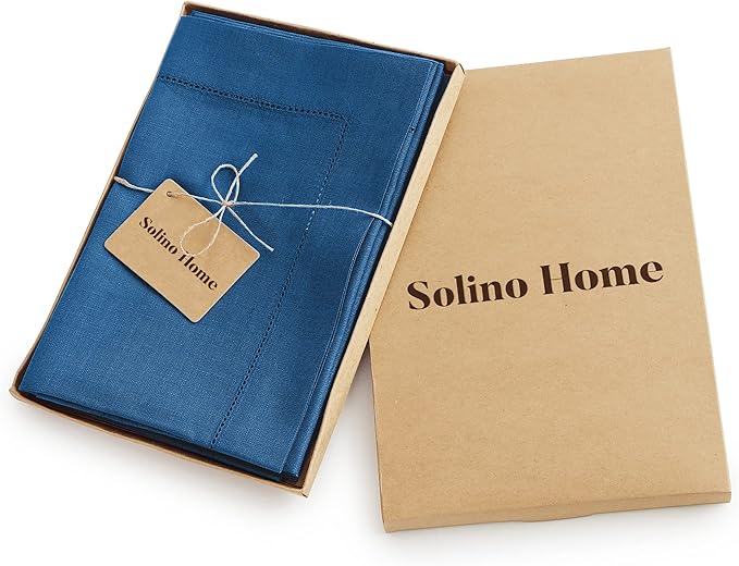 Solino Home Linen Napkins Set of 4 - Classic Hemstitch 100% Pure Linen Indigo Blue Dinner Napkins Cloth 20 x 20 Inch for New Year - Handcrafted and Machine Washable