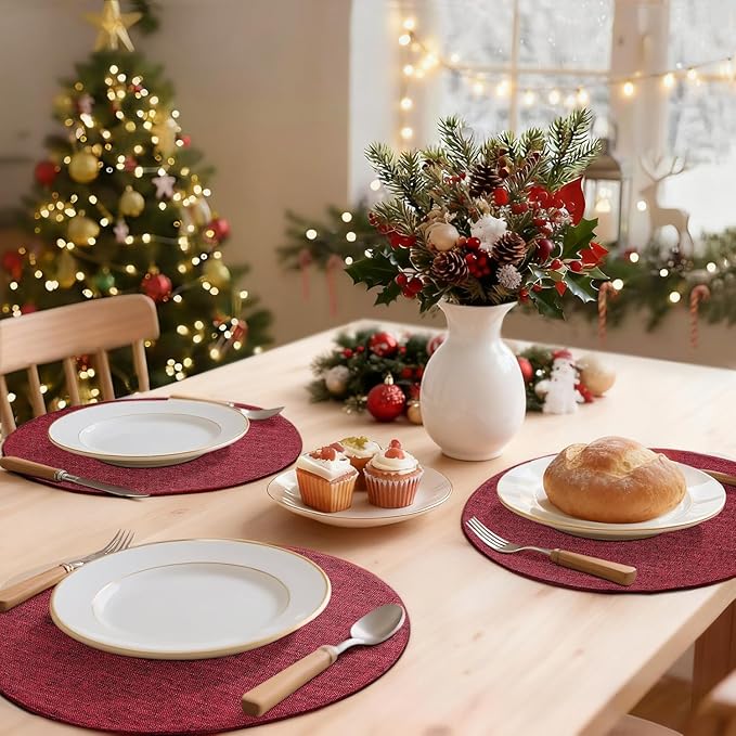 homing 15 Inch Round Cloth Placemats Set of 6, Cotton Linen Blend Washable Table Mats, Farmhouse Dining Place Mats for Indoors & Outdoors, Easy to Clean, Red