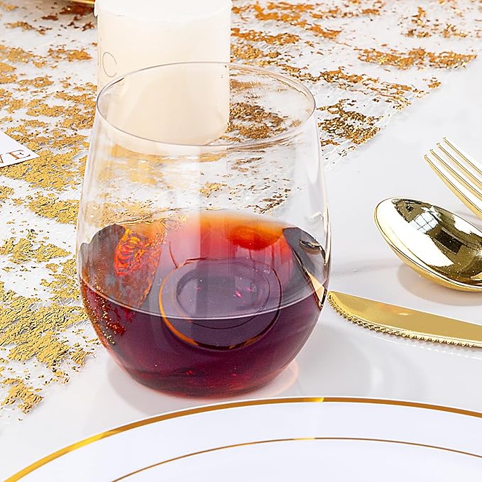 SUT Disposable Wine Glasses Stemless - 12oz Unbreakable Wine Cups, Shatterproof, Recyclable, Heavy Duty Plastic Wine Glasses for Parties Disposable(24Pack)(Clear)