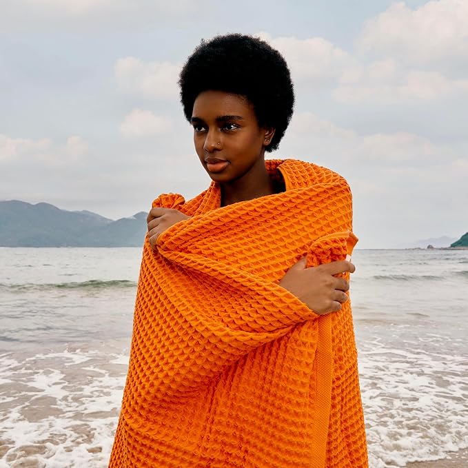 Luxury Organic Japanese Cotton Waffle Bath Towel | Thick, Absorbent, Quick Dry Bathroom Towels for Shower, Sauna, Onsen| Hotel & Spa Quality, Gift-Ready (Coral Orange, Bath Sheet (2 Pack))