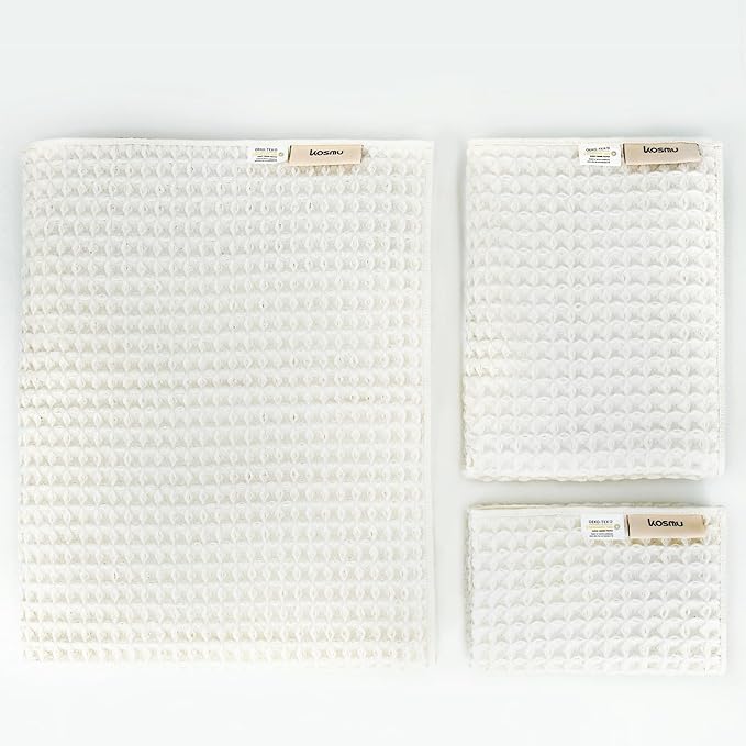 Luxury Organic Japanese Cotton Waffle Bath Towel | Thick, Absorbent, Quick Dry Bathroom Towels for Shower, Sauna, Onsen| Hotel & Spa Quality, Gift-Ready (Shell White, Bath Towel Set (3-Piece))