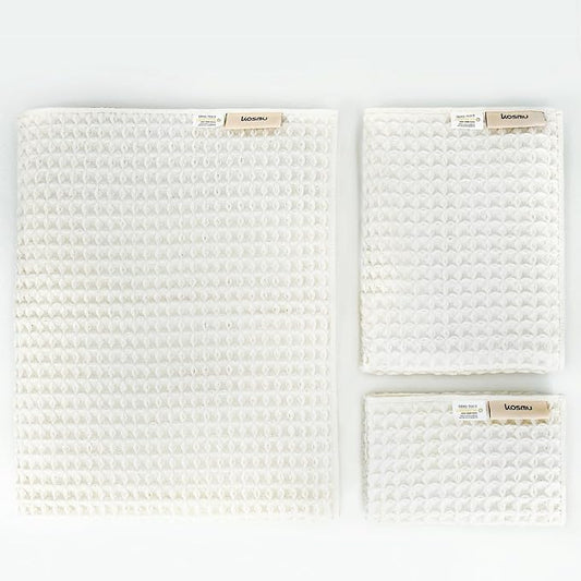 Luxury Organic Japanese Cotton Waffle Bath Towel | Thick, Absorbent, Quick Dry Bathroom Towels for Shower, Sauna, Onsen| Hotel & Spa Quality, Gift-Ready (Shell White, Bath Towel Set (3-Piece))