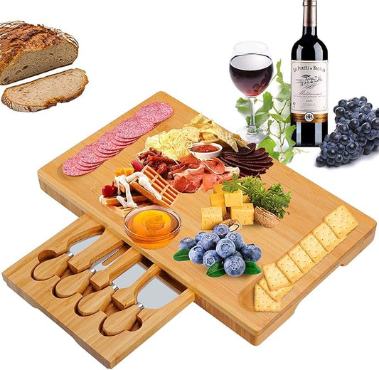 Bamboo Cheese Board and Knife Set with Slid-Out Drawer - Wood Charcuterie Platter Serving Tray for for Wine, Meat & Crackers, Perfect for Wedding Anniversary Housewarming & Entertaining