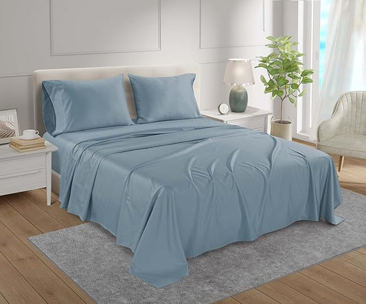 100% Egyptian Cotton Sheets Full Size Set, 800 TC Deep Pocket Full Sheets Set, Soft Breathable Sateen Weave 4 PC Elasticated Sheet & Pillowcase Sets, No Pill & Shrink, Fade Resistant - French Blue