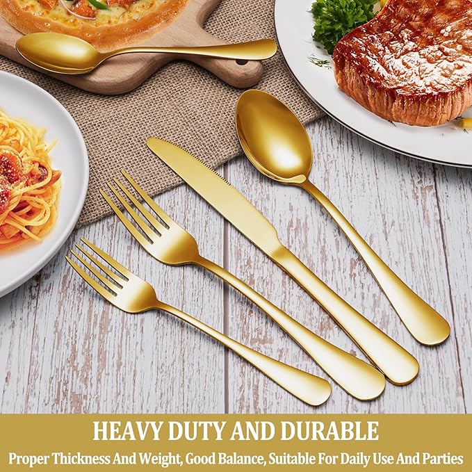20 Pcs Gold Silverware Set Service for 4, Premium Stainless Steel Flatware Set, Cutlery Utensil Set, Durable Home Kitchen Eating Tableware Set, Include Fork Knife Spoon Set, Dishwasher Safe