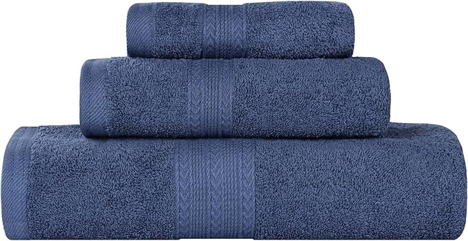 Superior Eco-Friendly Cotton 3-Piece Towel Set, Bathroom, Shower, Quick Dry Home Essentials, Lightweight, Sustainable Towels, 1 Bath, 1 Hand, 1 Face Towel, Washcloth, Highly Absorbent, Navy Blue