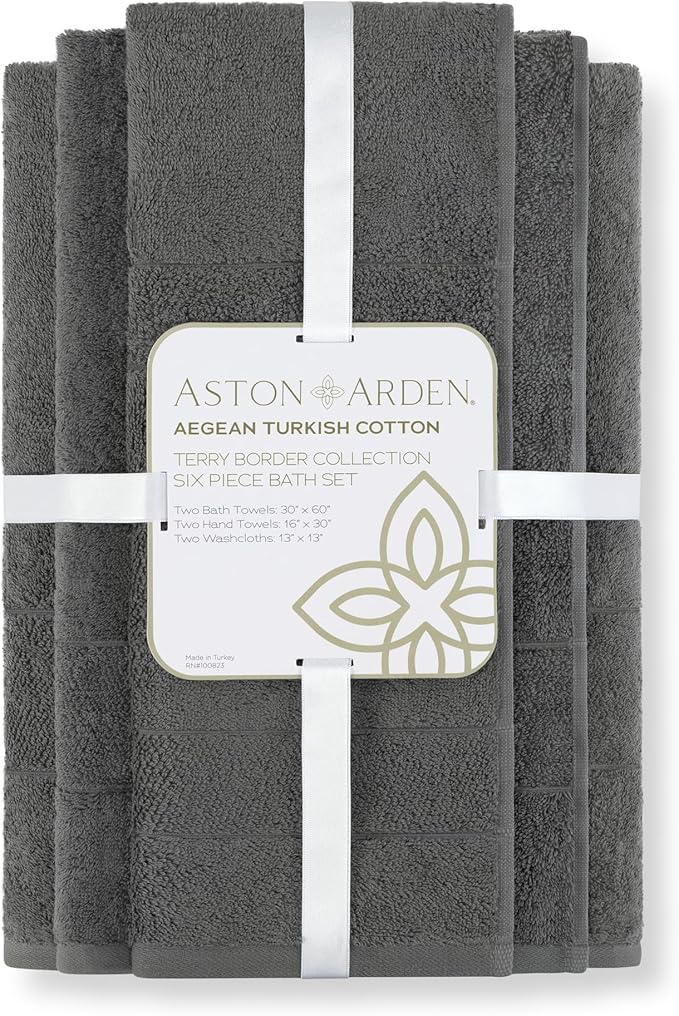 Aston & Arden Aegean Terry 6 Piece Bath Towel Set - Ringspun Turkish Cotton Thick and Soft Absorbent Luxury Hotel and Spa Bathroom Towel, 600 GSM, Dark Grey