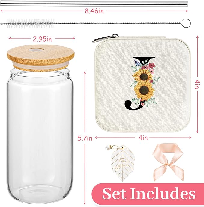 AYGXU christmas gifts for women,Initial Glass Cup,Initial Travel Jewelry Case,Small Jewelry Box Organizer, Mothers Day gifts,graduationg gifts,bridesmaid proposal gifts,Initial J white