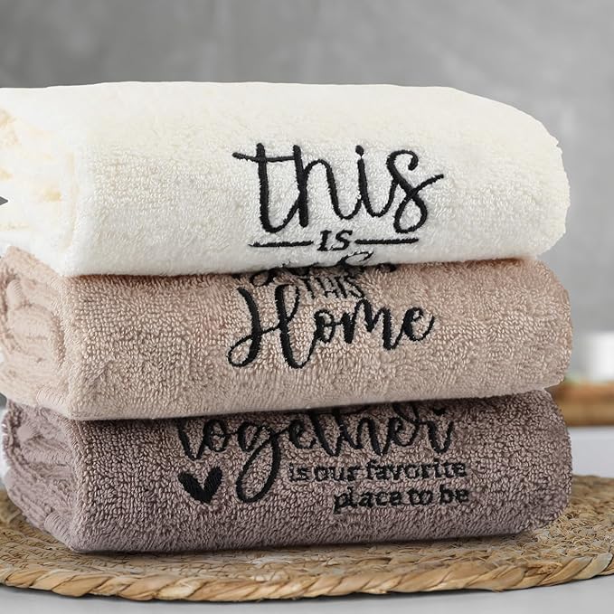 3 Pcs Farmhouse Decorative Hand Towels for Bathroom and Kitchen Rustic Embroidered 100% Cotton Hand Towels Decorative Set for Boho Bathroom Decor(Brown, Inspirational Language)