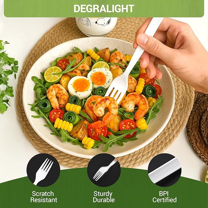 Heavy weight Compostable Froks [500Pcs] Heavy Duty Forks Disposable Utensils, BPA-Free, Heat Resistant, Eco Friendly Disposable Forks Bulk, No Plastic Disposable Cutlery for Party, Office & Picnic