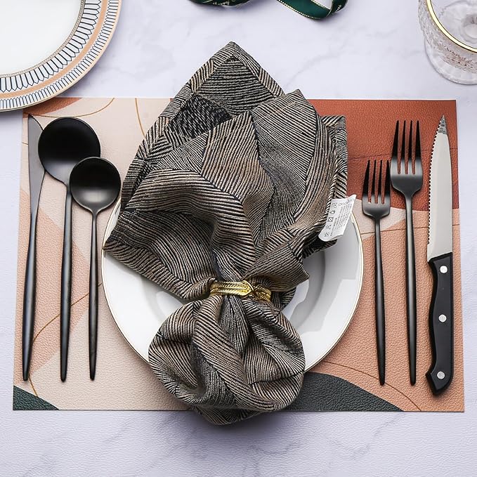 24 Pieces Matte Black Silverware Set with Steak Knife, Stainless Steel Flatware Set for 4, Satin Finish Spoons and Forks Silverware Set, Black Cutlery Utensils Set, Dishwasher Safe