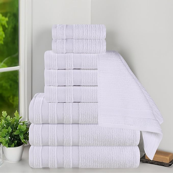 Superior Cotton 9-Piece Towel Set, Zero Twist, Ribbed Geometric, Bathroom Essentials, Shower, Spa, Luxury Plush Soft Absorbent Towels, Includes 3 Bath, 3 Hand, 3 Washcloth/Face Towels, White