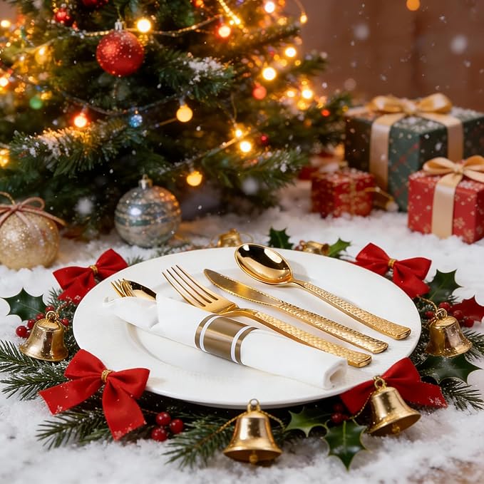 WELLIFE 50 Pack Gold Plastic Silverware with Pre Rolled Napkins,Hammer Pattern Design,Plastic Cutlery Includes: 50 Forks,50 Knives,50 Spoons,50 Napkins,Gold Silverware Disposable for Christmas