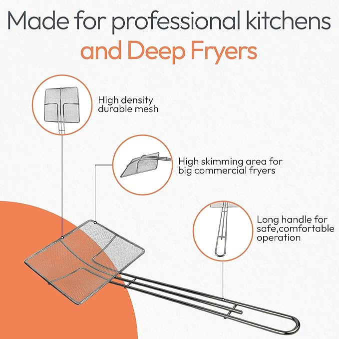 Wire Mesh Strainer with Long Handle | 2-Pack | 6.5" Square Frying Spoon | Cooking Oil Strainer for Deep Fryer & Professional Restaurant Use | Commercial Grease Skimmer