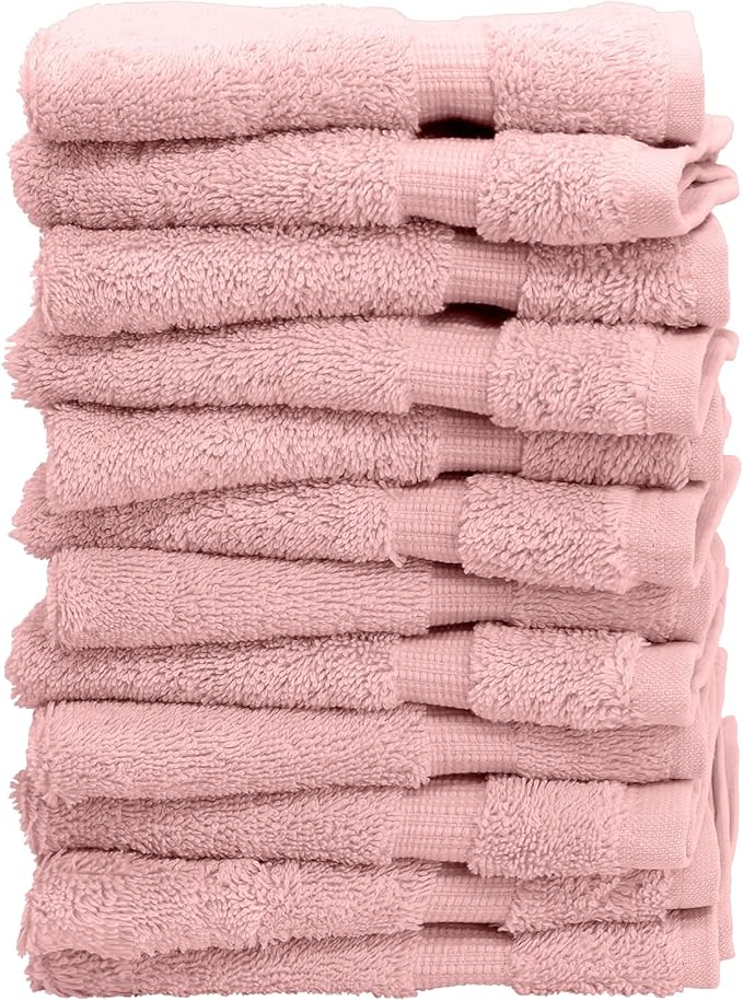 Luxury Hotel & Spa Quality, 100% Turkish Cotton 700 GSM Cloth, Towel, for Body wash, Makeup & Facial Cleaning, Baby, face, loofah, Dobby Border Soft washcloths Towel Set 13" X 13", Pink, Set of 12