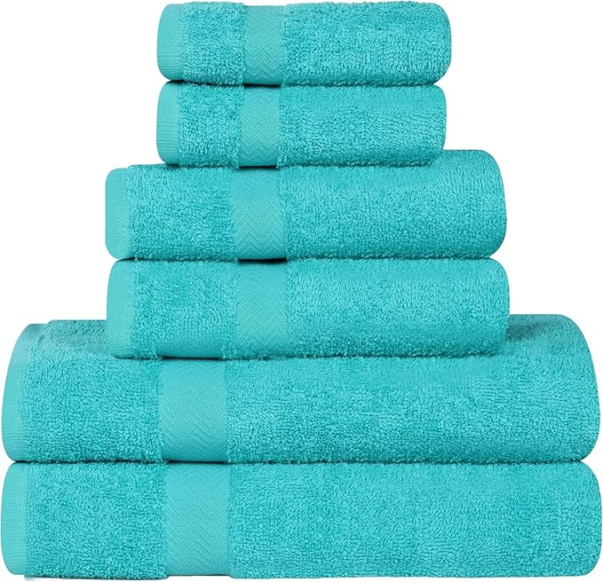 Superior 6-Piece Cotton Assorted Towel Set, Includes 2 Face/Washcloths, 2 Hand, and 2 Bath Towels, Lightweight Essentials, for Home, Gym, Beach, Bathroom, Quick Drying, Franklin Collection, Turquoise