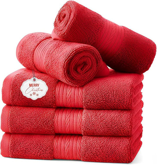 Ample Decor Washcloths Pack of 5 12 X 12 Inch 100% Cotton 600 GSM, Soft Absorbent and Reusable Fingertip Towels, Ideal for Bathroom and Powder Room - Christmas Red