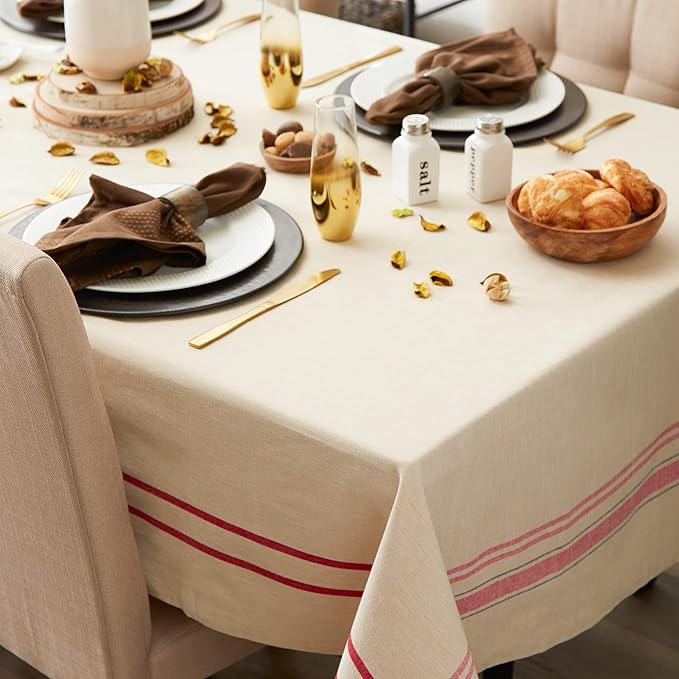 DII French Stripe Dining Table Collection Farmhouse Style Tablecloth, 60x84 Inches, Taupe/Red