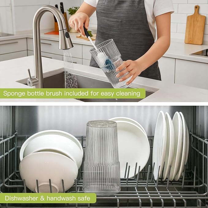 Ruckae 20oz Reusable Ribbed Glass Tumbler Set – 2 Pack Leakproof Glass Cups with Bamboo Lids,Thickened Glass– Aesthetic Iced Coffee Glasses for Home, Office, Travel, and Gifts (4, Transparent)