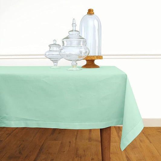 Solino Home Aqua Tablecloth 58 x 120 Inch - Cotton Linen Hemstitch Rectangular Tablecloth - Machine Washable Table Cloth for Winter