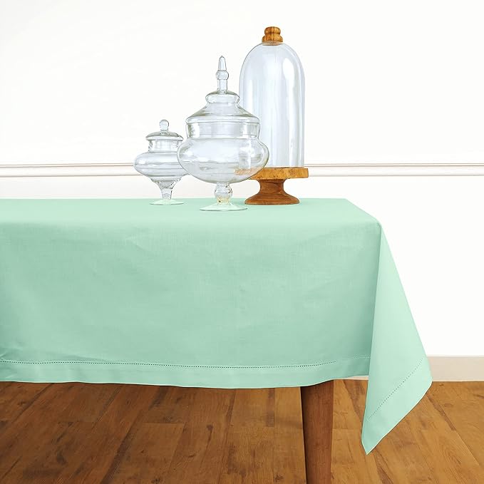 Solino Home Aqua Tablecloth 58 x 84 Inch - Cotton Linen Hemstitch Rectangular Tablecloth - Machine Washable Table Cloth for Winter
