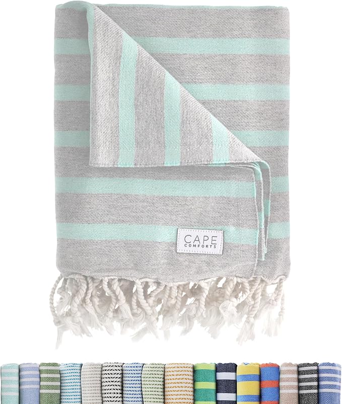 Large Turkish Beach Towel, Striped Light Grey & Mint - 37'' x 67'' - Super Soft & Lightweight - Quick Dry Sand Free Travel Towels for Beach or Bath - Gifts