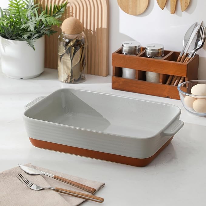 MALACASA Lasagne Dishes for Oven, 4.8 Qt Ceramic Oven Dish with Handles, 9 x 13 Inch Deep Rectangular Baking Dish Casserole Dishes, Grey Lasagna Pan Bakeware for Roasting, Series TARA