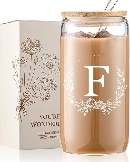 Personalized Gifts for Women, Monogrammed 16oz Glass Cups with Bamboo Lids and Straws, Customized Glass Tumbler, Cute Custom Mug, Customizable Initial Iced Coffee Glasses, Birthday Bridesmaid Mom, F
