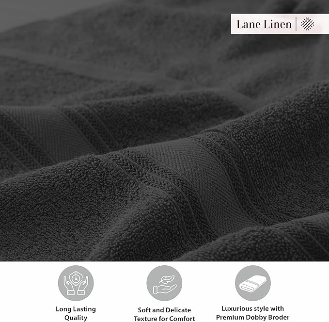 LANE LINEN 100% Cotton Bath Towels 4 Pack (28"x54") - Zero Twist, Mercerized Cotton Large Towel Set for Bathroom - Quick Dry, Soft & Absorbent Large Bath Towel Set - Oeko Tex Certified - Black Towels