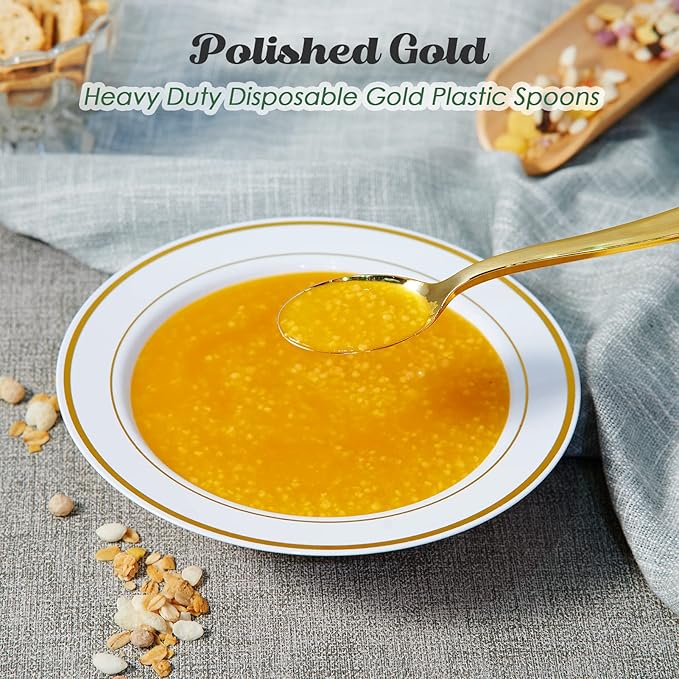 FOCUSLINE 300 Pack 6.8" Disposable Gold Plastic Spoons, Solid and Durable Plastic Cutlery Spoons, Heavy Duty Disposable Utensil Silverware for Catering, Parties, Dinners, Weddings